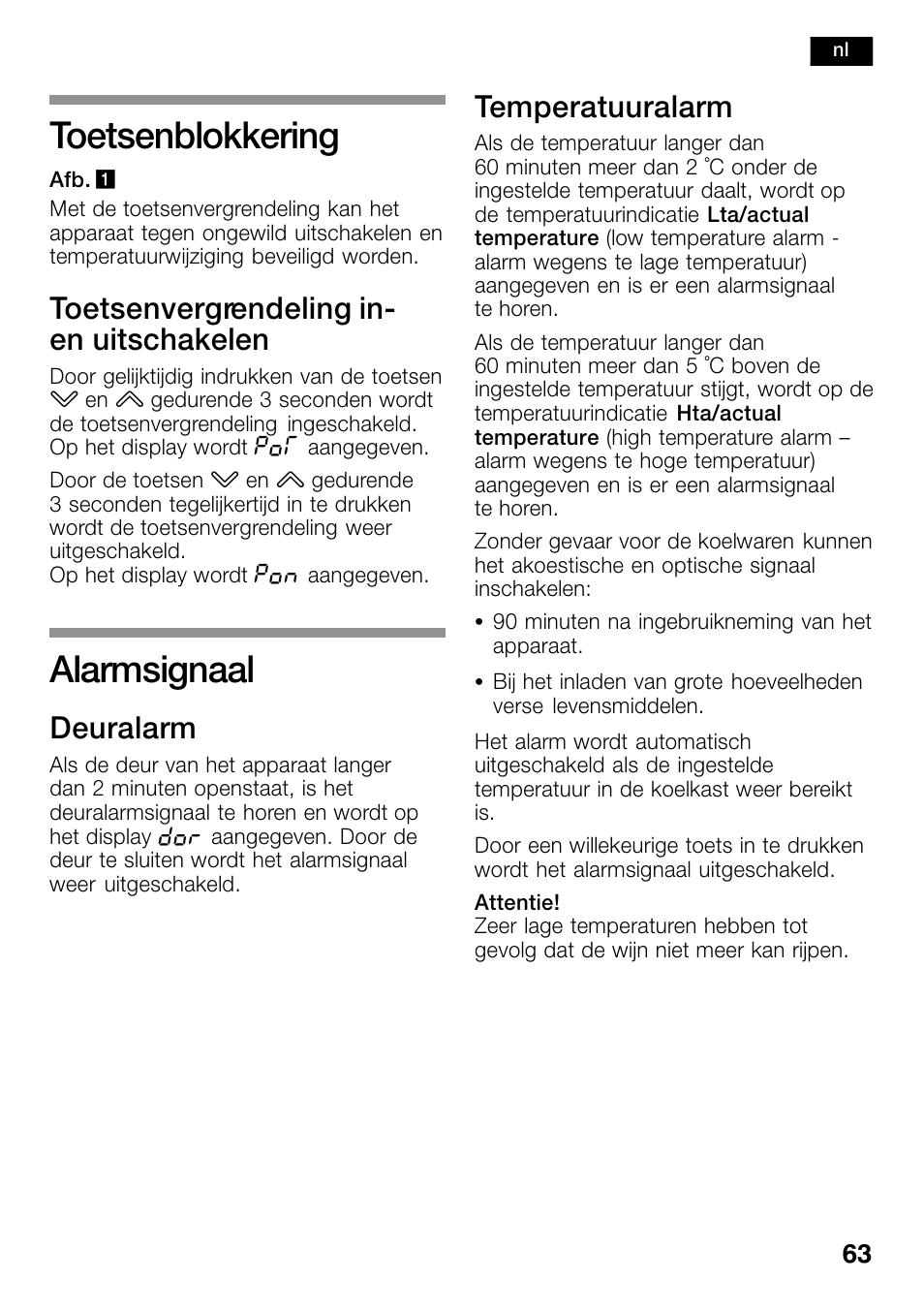 Toetsenblokkering, Alarmsignaal, Toetsenvergrendeling in- en uitschakelen | Deuralarm, Temperatuuralarm | Bosch KSW38940 Cave à vin de vieillissement Premium Luxe User Manual | Page 63 / 74