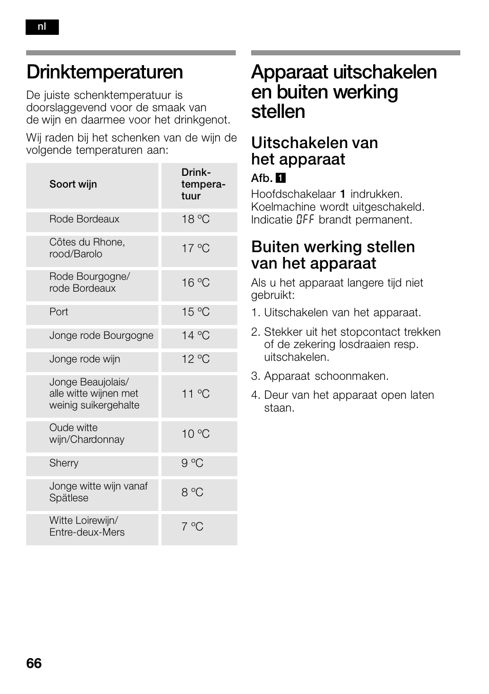 Drinktemperaturen 66, Apparaat uitschakelen en, Buiten werking stellen | Drinktemperaturen, Apparaat uitschakelen en buiten werking stellen, Uitschakelen van het apparaat, Buiten werking stellen van het apparaat | Bosch KSW38940 Cave à vin de vieillissement Premium Luxe User Manual | Page 66 / 74