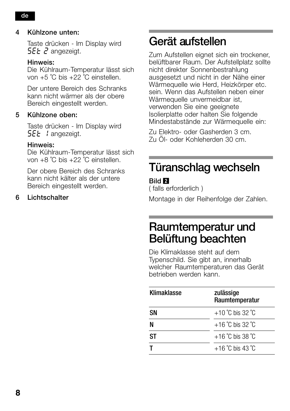 Gerät aufstellen, Türanschlag wechseln, Raumtemperatur und belüftung | Beachten, Raumtemperatur und belüftung beachten | Bosch KSW38940 Cave à vin de vieillissement Premium Luxe User Manual | Page 8 / 74