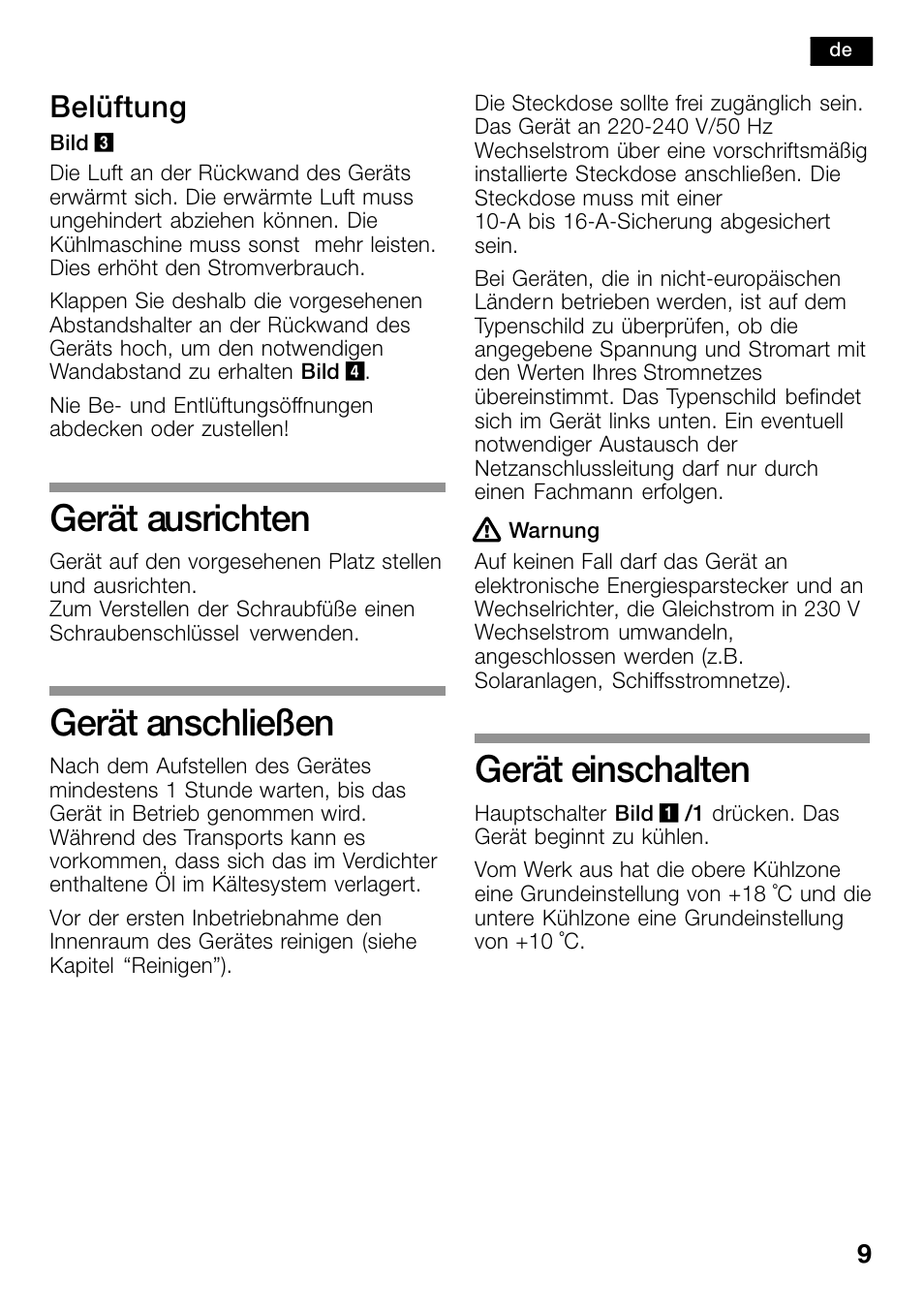 Gerät ausrichten, Gerät anschließen, Gerät einschalten | Belüftung | Bosch KSW38940 Cave à vin de vieillissement Premium Luxe User Manual | Page 9 / 74