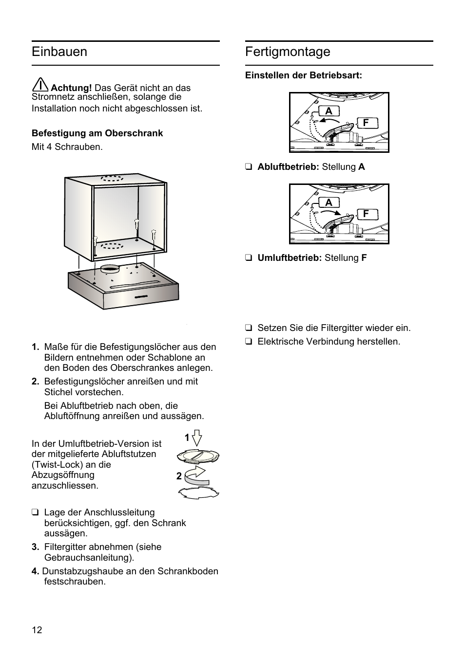 Einbauen, Fertigmontage | Bosch DHU625M - inox Hotte classique 60 cm User Manual | Page 12 / 114