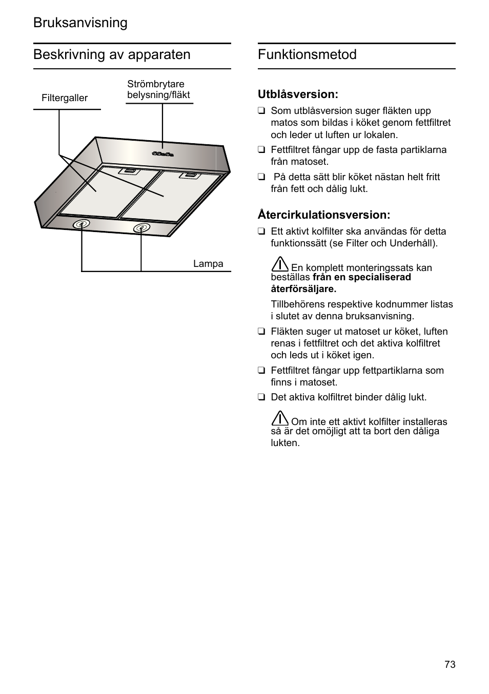 Bruksanvisning funktionsmetod, Beskrivning av apparaten | Bosch DHU625M - inox Hotte classique 60 cm User Manual | Page 73 / 114