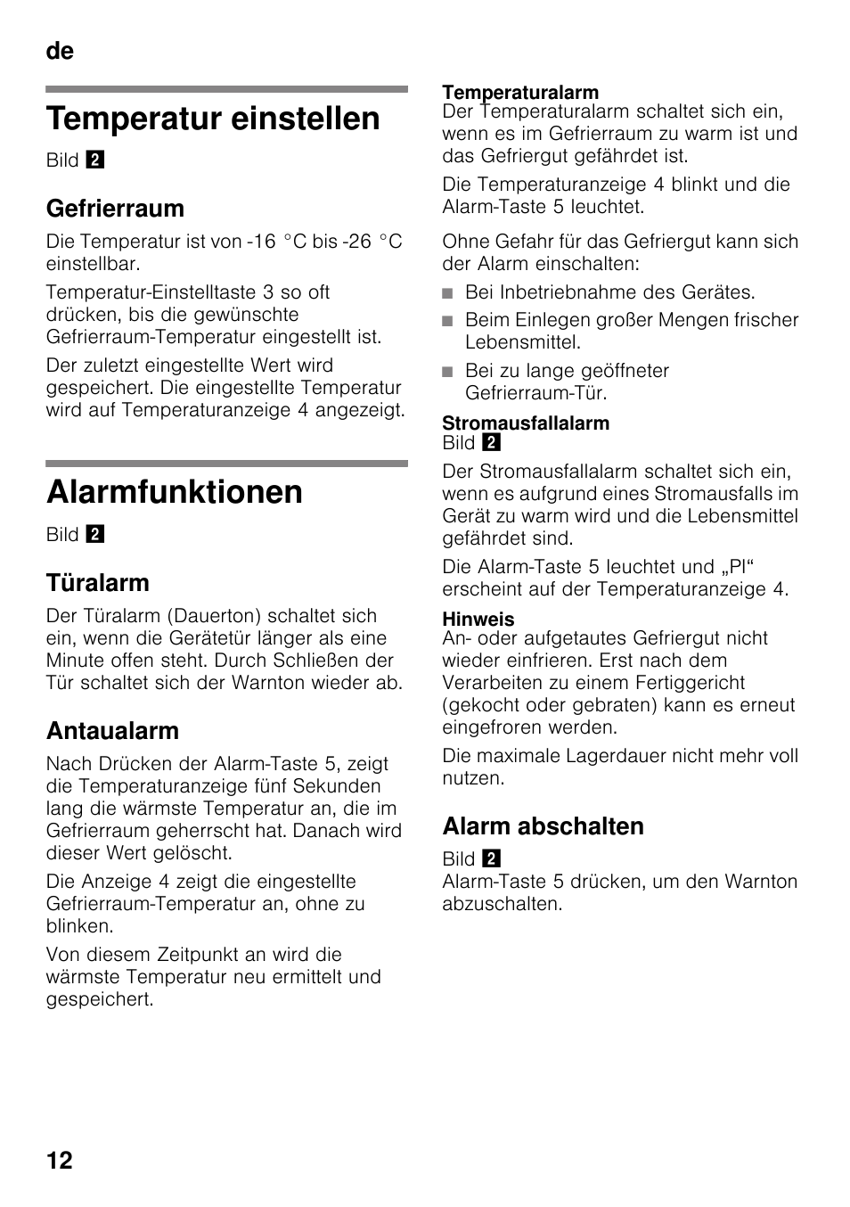 Temperatur einstellen, Gefrierraum, Alarmfunktionen | Türalarm, Antaualarm, Temperaturalarm, Stromausfallalarm, Hinweis, Alarm abschalten, Temperatur einstellen alarmfunktionen | Bosch GSN33VW30 User Manual | Page 12 / 96