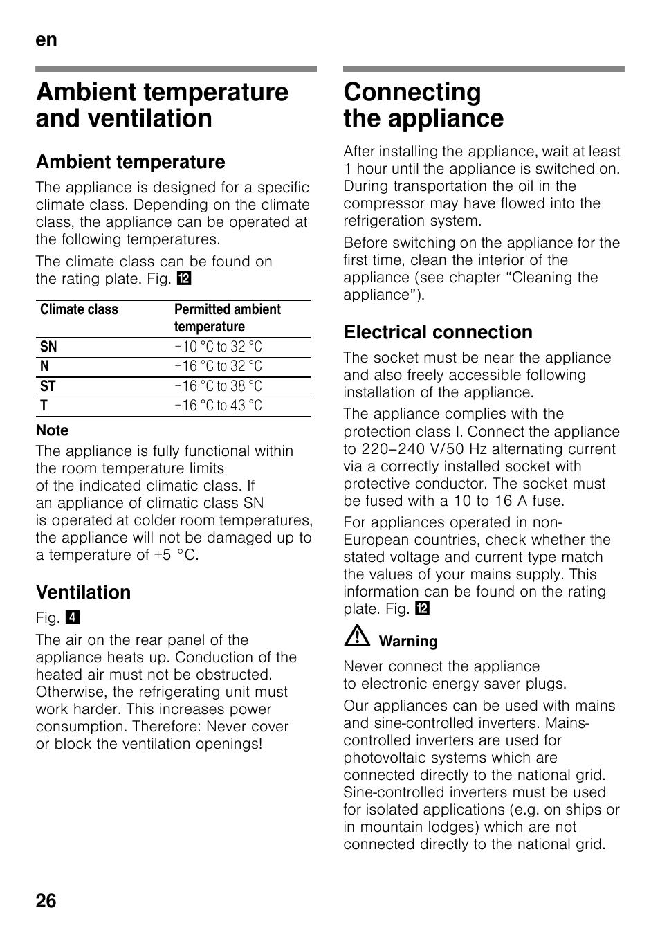 Ambient temperature and ventilation, Ambient temperature, Ventilation | Connecting the appliance, Electrical connection, Ventilation connecting the appliance, En 26 | Bosch GSN33VW30 User Manual | Page 26 / 96