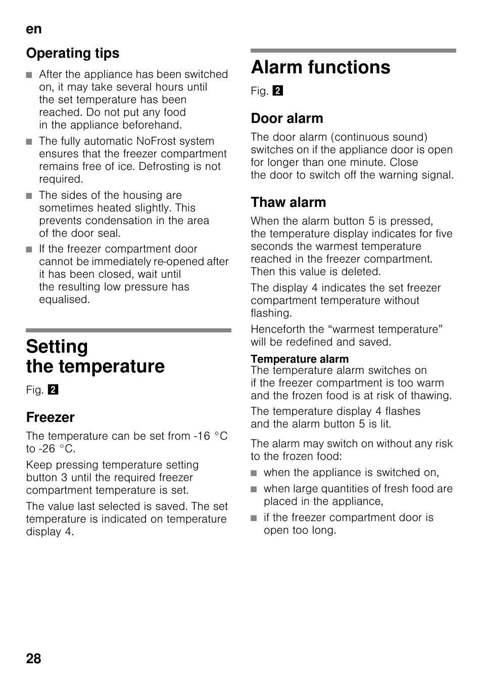 Operating tips, Setting the temperature, Freezer | Alarm functions, Door alarm, Thaw alarm, Temperature alarm, Setting the temperature alarm functions, En 28 operating tips | Bosch GSN33VW30 User Manual | Page 28 / 96