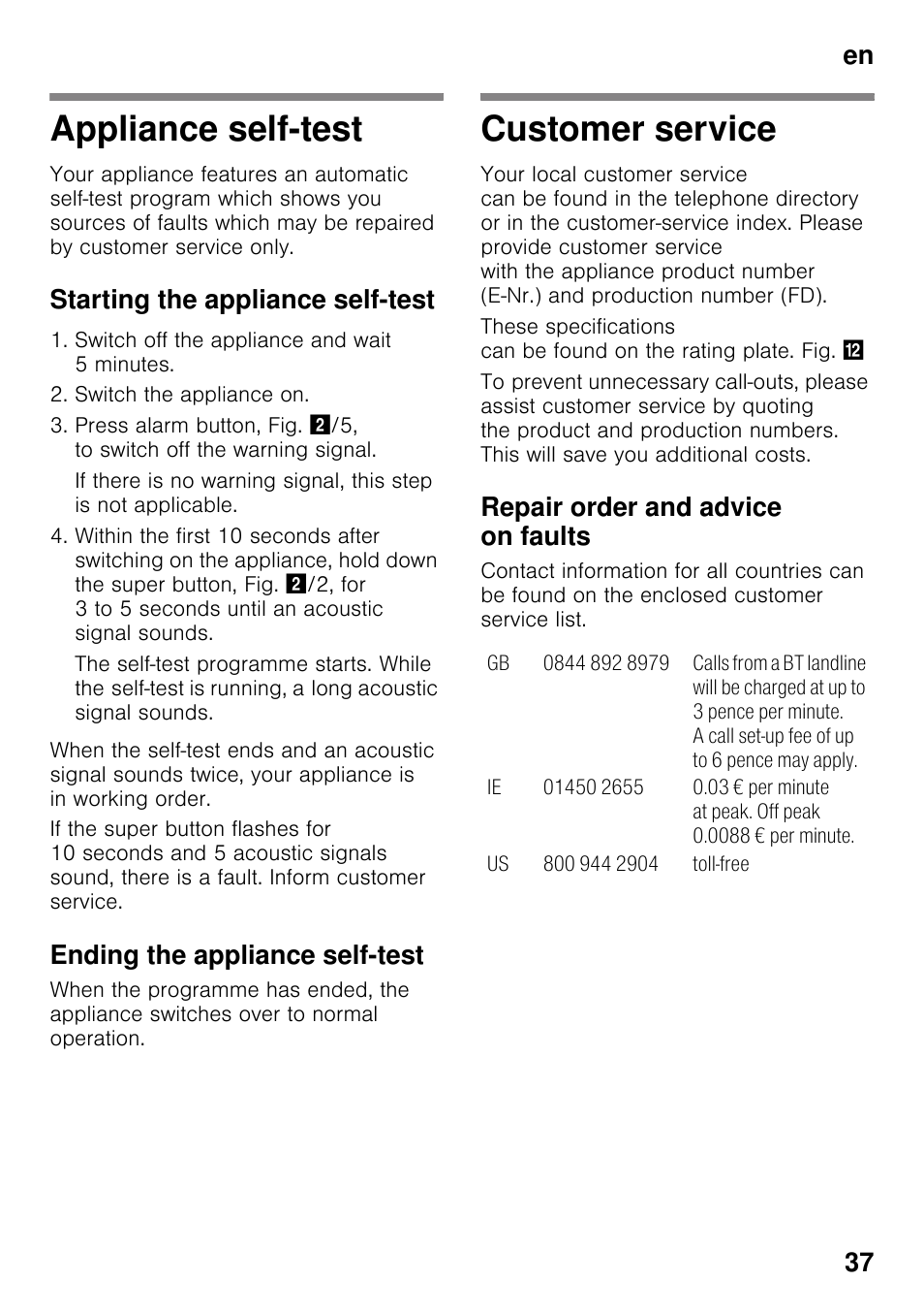 Appliance self-test, Starting the appliance self-test, Ending the appliance self-test | Customer service, Repair order and advice on faults, Appliance self-test customer service, En 37 | Bosch GSN33VW30 User Manual | Page 37 / 96