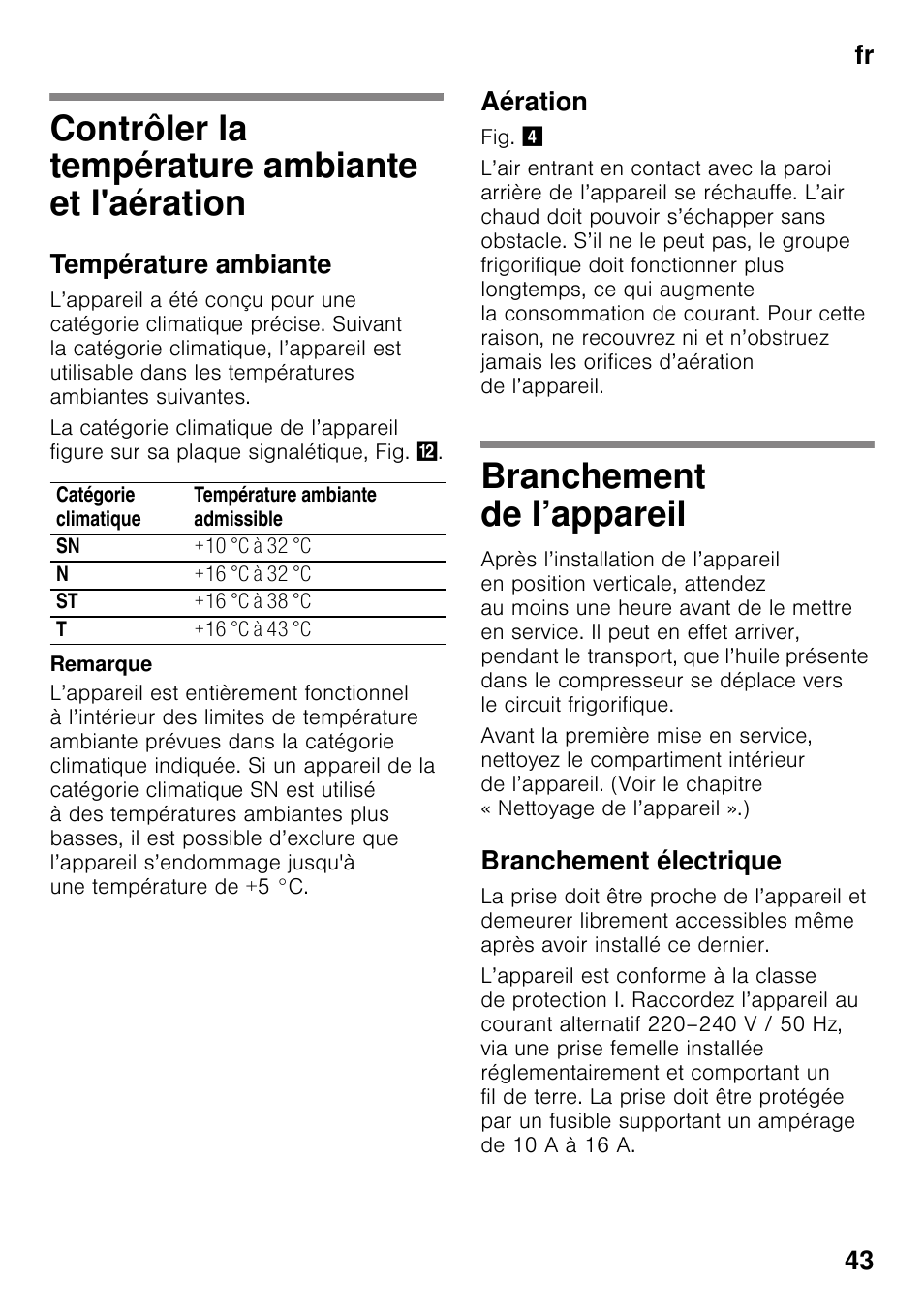 Contrôler la température ambiante et l'aération, Température ambiante, Aération | Branchement de l’appareil, Branchement électrique, Ambiante et l'aération branchement de l’appareil, Fr 43 | Bosch GSN33VW30 User Manual | Page 43 / 96