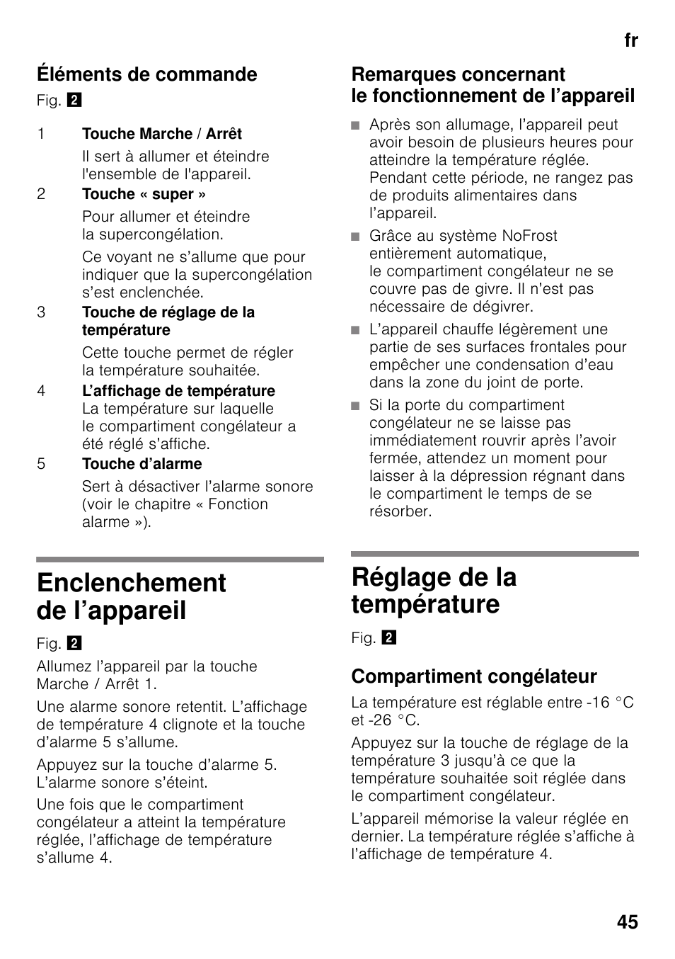 Éléments de commande, Enclenchement de l’appareil, Réglage de la température | Compartiment congélateur, Fr 45 éléments de commande | Bosch GSN33VW30 User Manual | Page 45 / 96