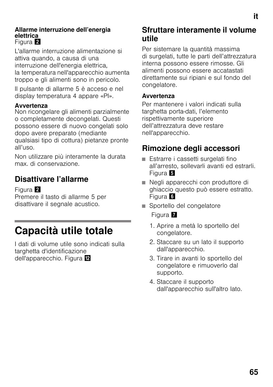 Allarme interruzione dell’energia elettrica, Avvertenza, Disattivare l’allarme | Capacità utile totale, Sfruttare interamente il volume utile, Rimozione degli accessori, It 65 | Bosch GSN33VW30 User Manual | Page 65 / 96