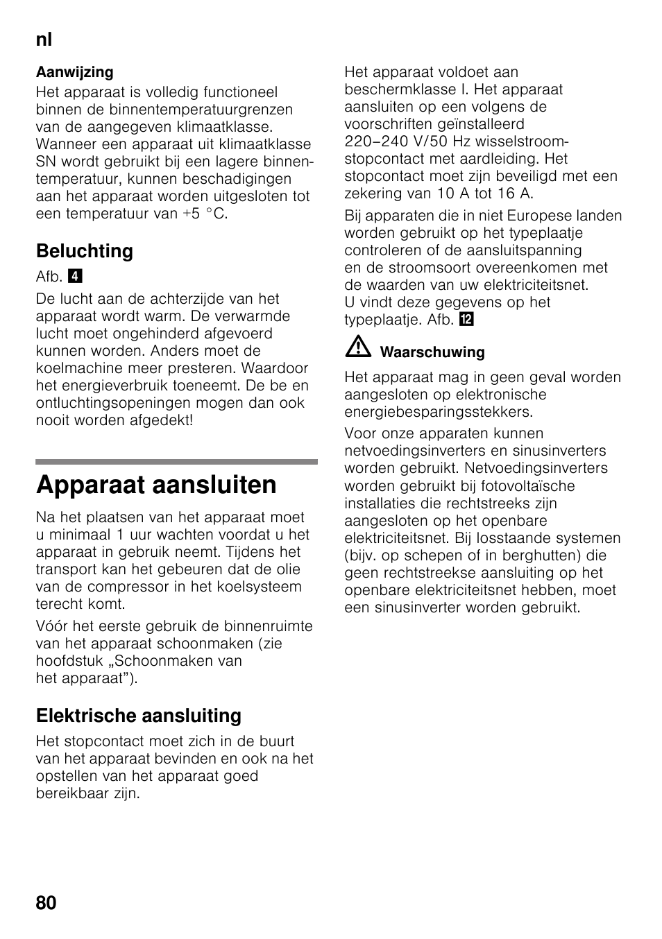 Beluchting, Apparaat aansluiten, Elektrische aansluiting | Nl 80 | Bosch GSN33VW30 User Manual | Page 80 / 96