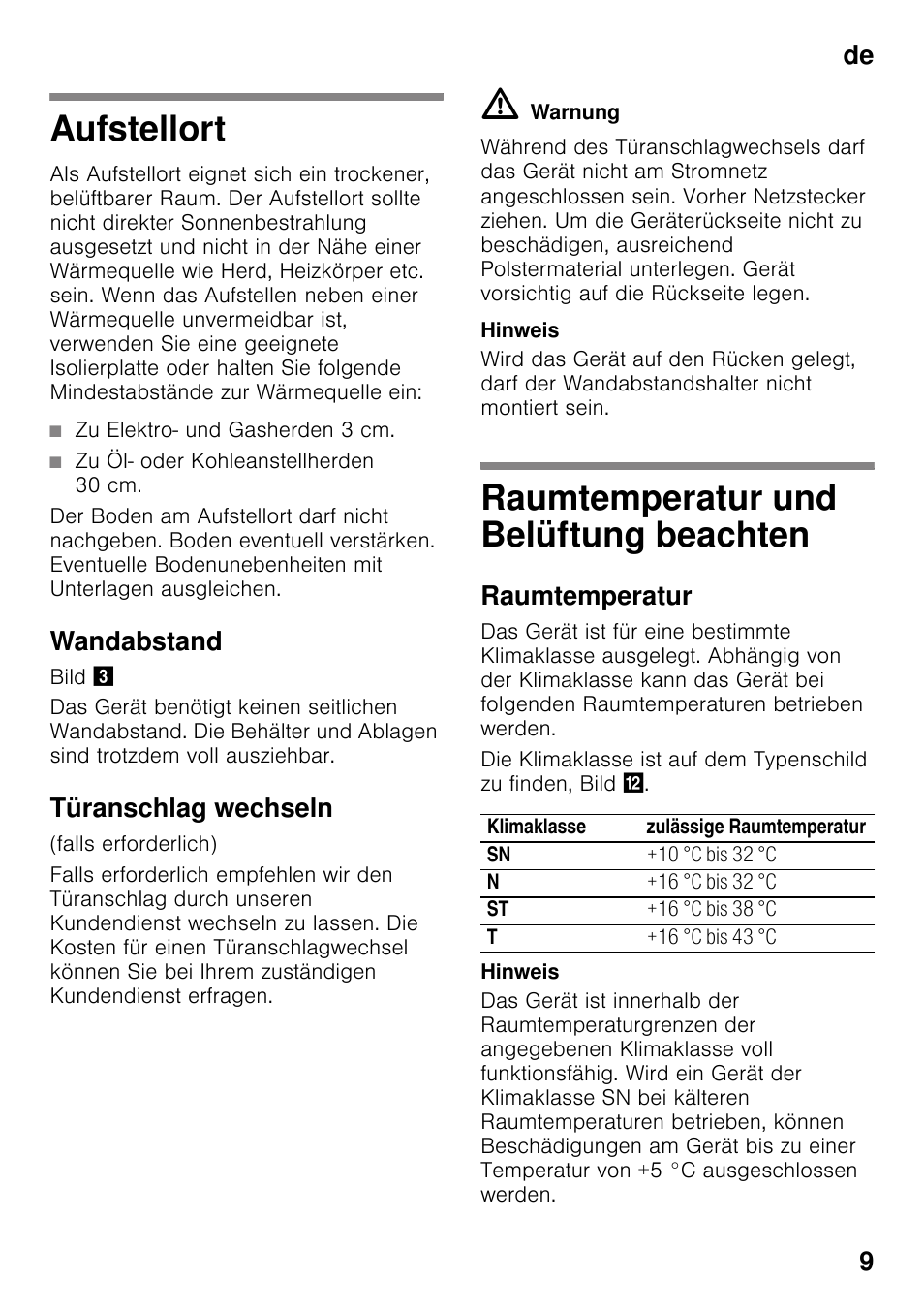 Aufstellort, Wandabstand, Türanschlag wechseln | Raumtemperatur und belüftung beachten, Raumtemperatur, Beachten, De 9 | Bosch GSN33VW30 User Manual | Page 9 / 96