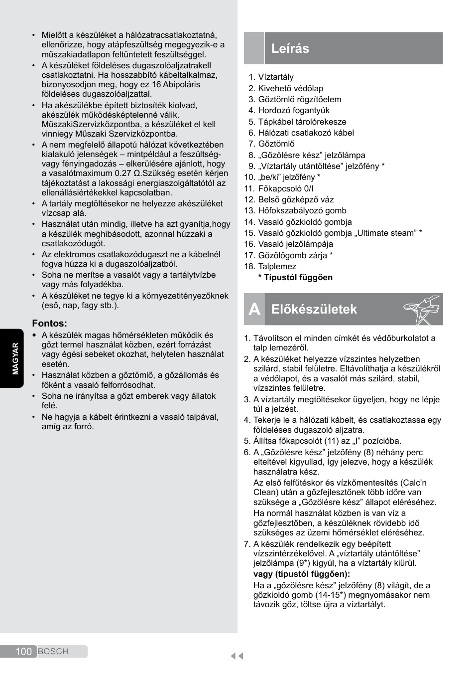 Leírás, A előkészületek, Előkészületek | Bosch TDS2011 User Manual | Page 100 / 136
