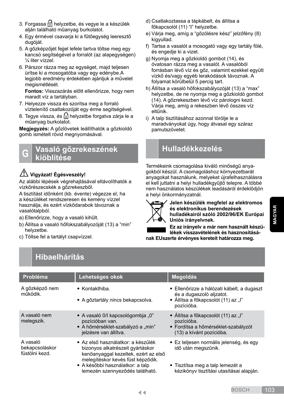 G vasaló gőzrekeszének kiöblítése, Hulladékkezelés, Hibaelhárítás | Vasaló gőzrekeszének kiöblítése | Bosch TDS2011 User Manual | Page 103 / 136