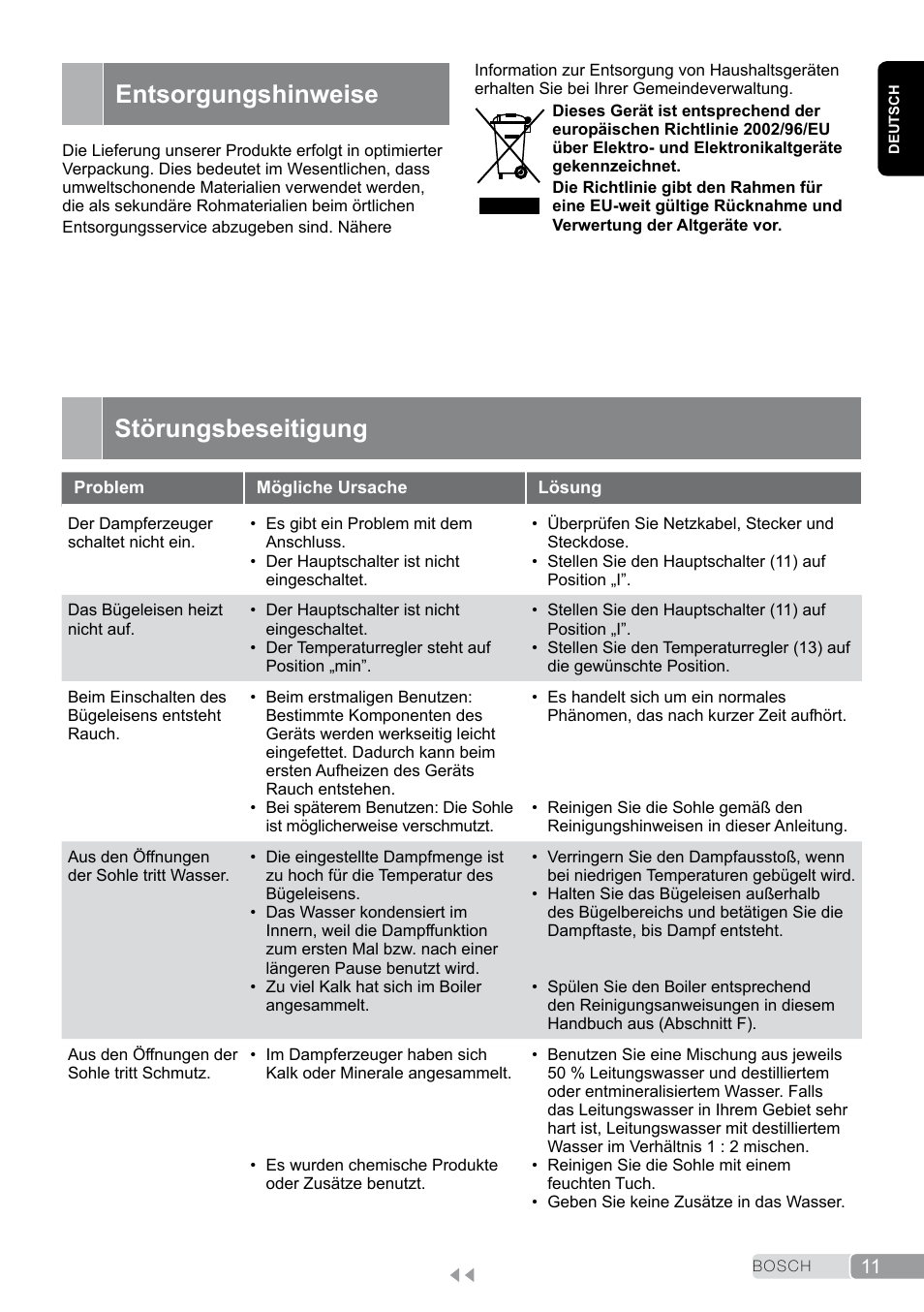 Entsorgungshinweise, Störungsbeseitigung | Bosch TDS2011 User Manual | Page 11 / 136