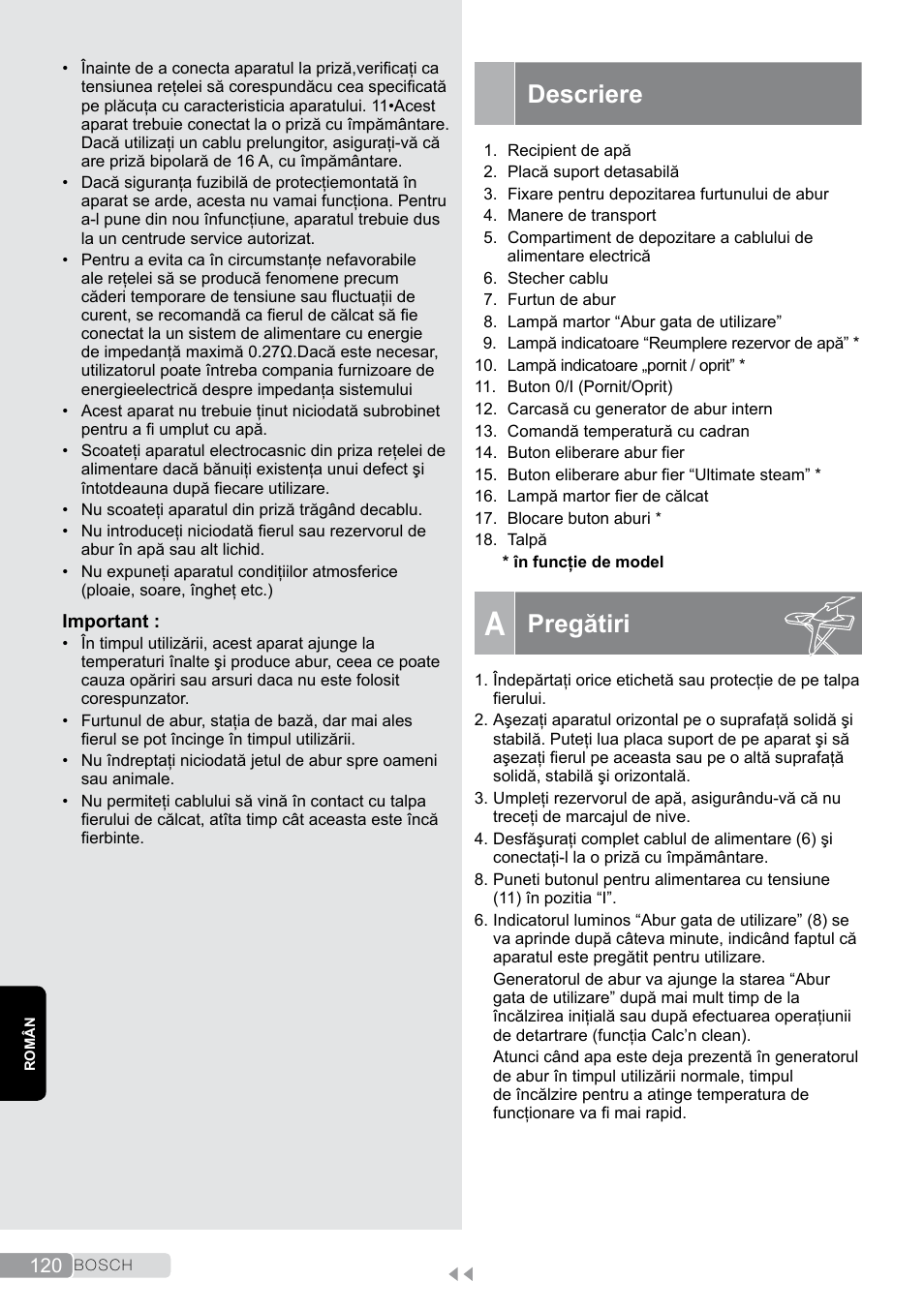 Descriere, A pregătiri, Pregătiri | Bosch TDS2011 User Manual | Page 120 / 136