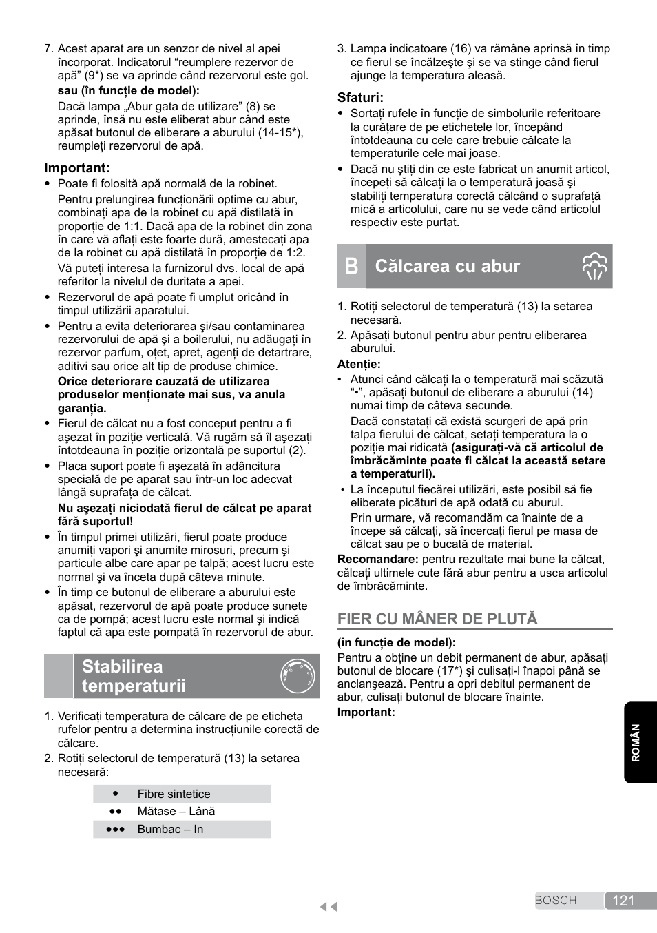 Stabilirea temperaturii, B călcarea cu abur, Călcarea cu abur | Fier cu mâner de plută | Bosch TDS2011 User Manual | Page 121 / 136