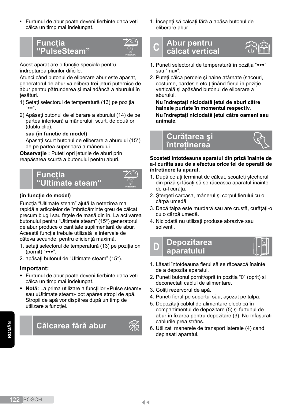 Funcţia “pulsesteam, Funcţia “ultimate steam, Călcarea fără abur | C abur pentru călcat vertical, Curăţarea şi întreţinerea, D depozitarea aparatului, Abur pentru călcat vertical, Depozitarea aparatului | Bosch TDS2011 User Manual | Page 122 / 136