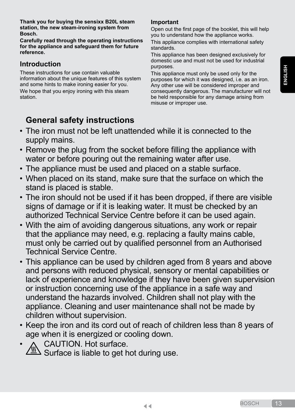 English, General safety instructions | Bosch TDS2011 User Manual | Page 13 / 136
