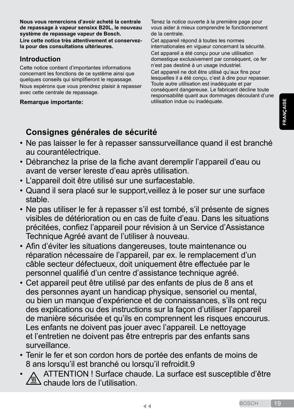 Française, Consignes générales de sécurité | Bosch TDS2011 User Manual | Page 19 / 136