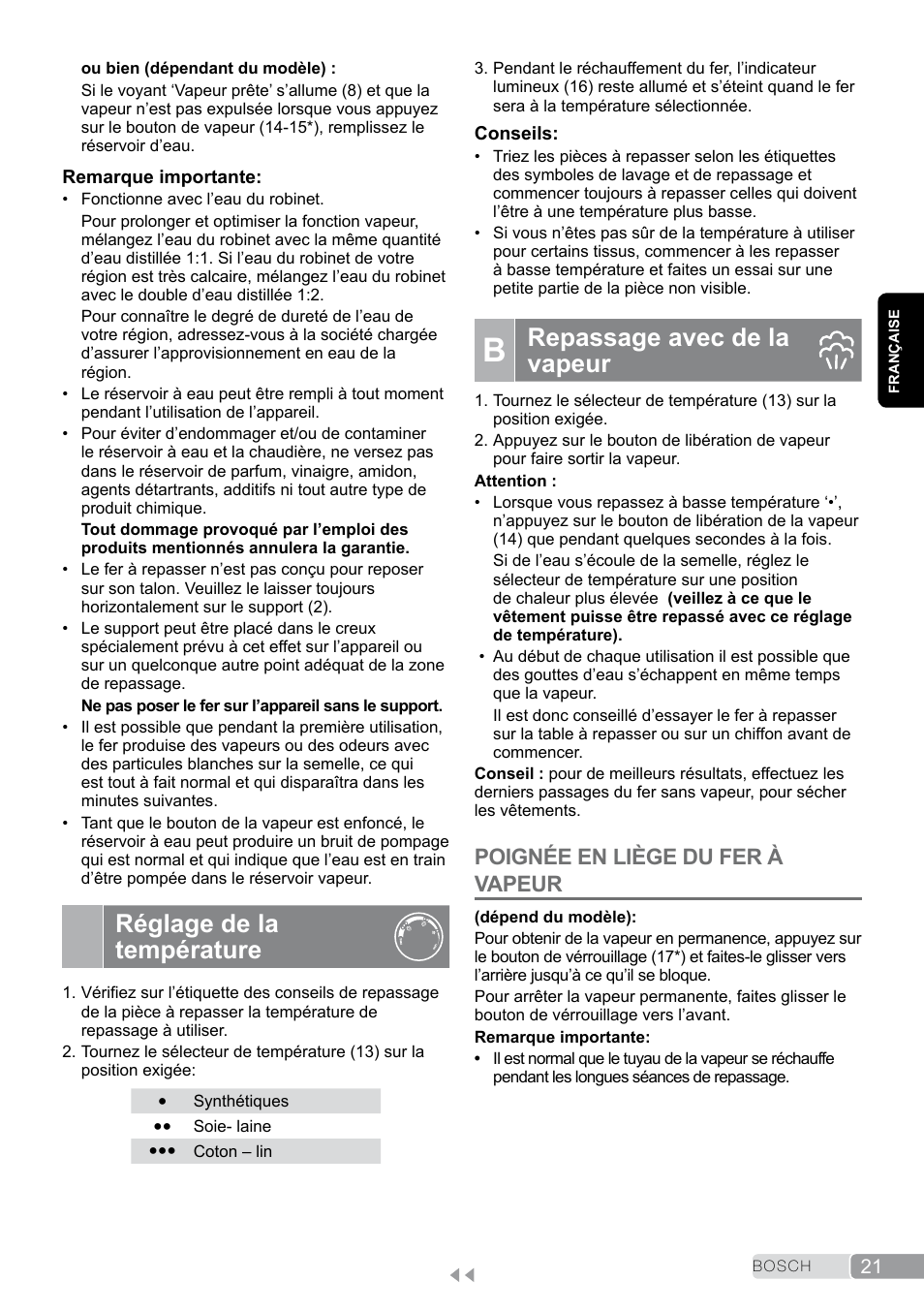 Réglage de la température, B repassage avec de la vapeur, Repassage avec de la vapeur | Poignée en liège du fer à vapeur | Bosch TDS2011 User Manual | Page 21 / 136