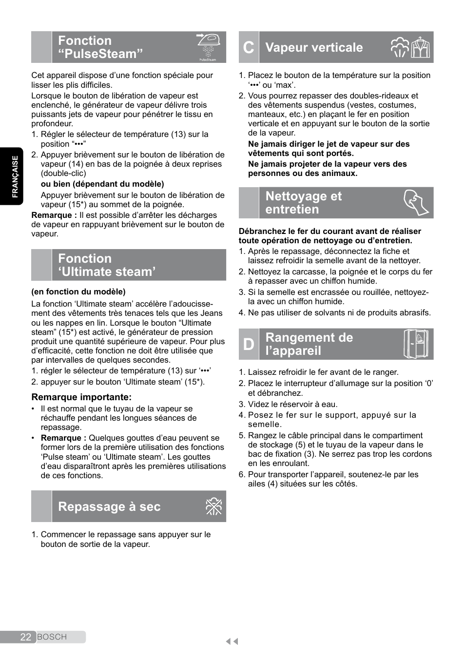 Fonction “pulsesteam, Fonction ‘ultimate steam, Repassage à sec | C vapeur verticale, Nettoyage et entretien, D rangement de l’appareil, Vapeur verticale, Rangement de l’appareil | Bosch TDS2011 User Manual | Page 22 / 136