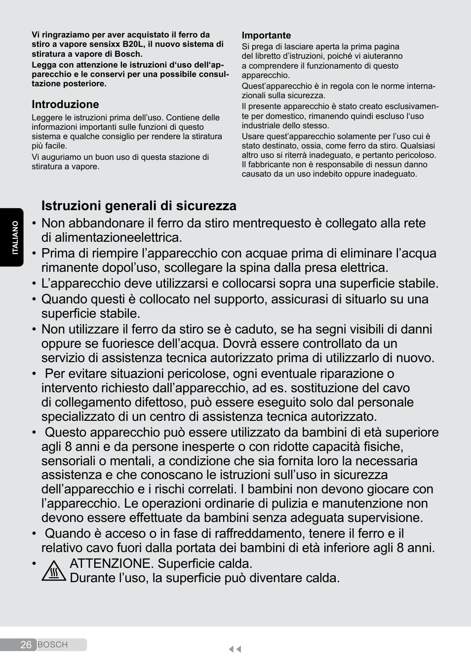 Italiano, Istruzioni generali di sicurezza | Bosch TDS2011 User Manual | Page 26 / 136