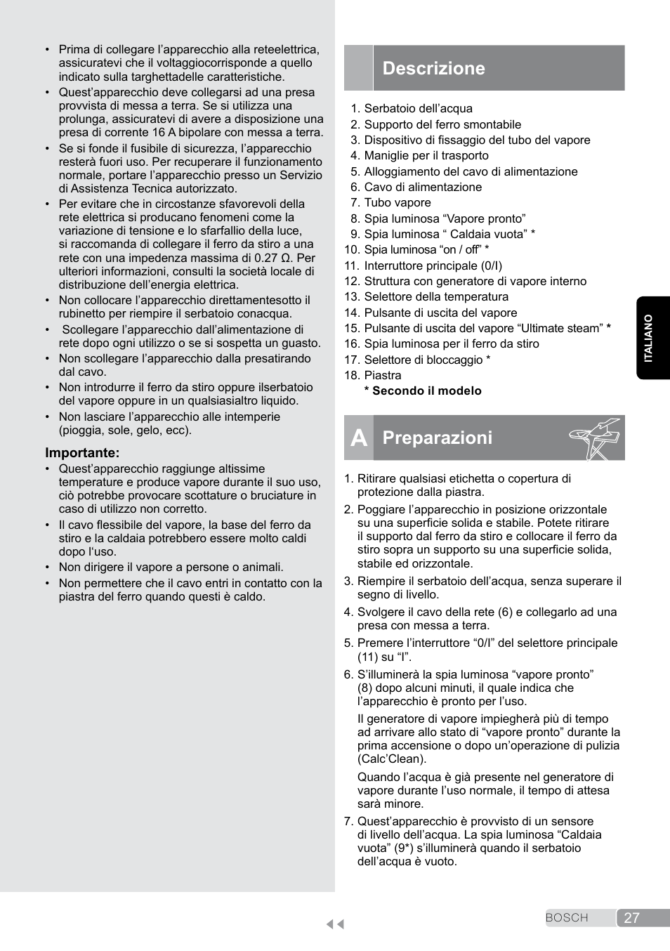 Descrizione, A preparazioni, Preparazioni | Bosch TDS2011 User Manual | Page 27 / 136