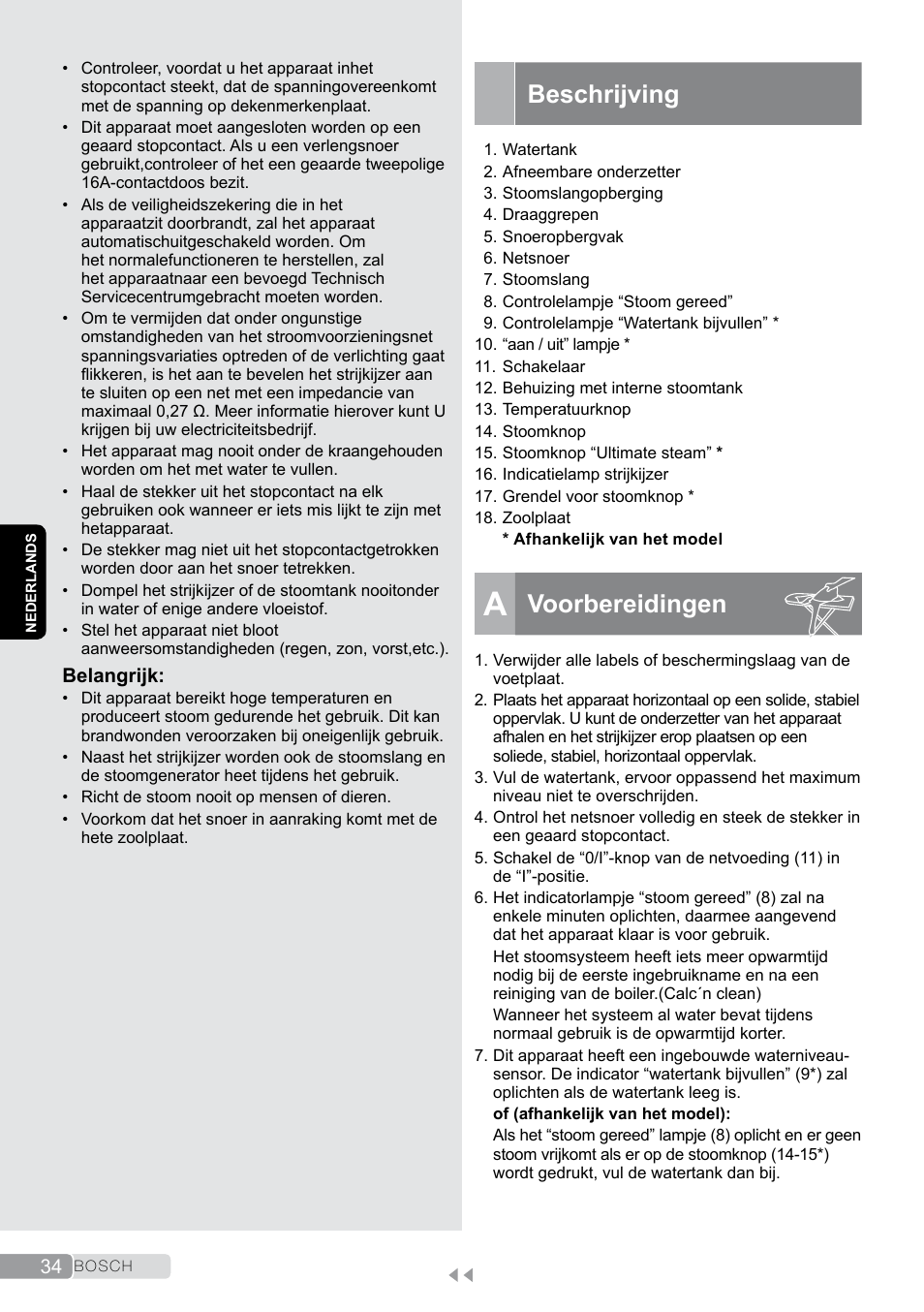 Beschrijving, A voorbereidingen, Voorbereidingen | Bosch TDS2011 User Manual | Page 34 / 136