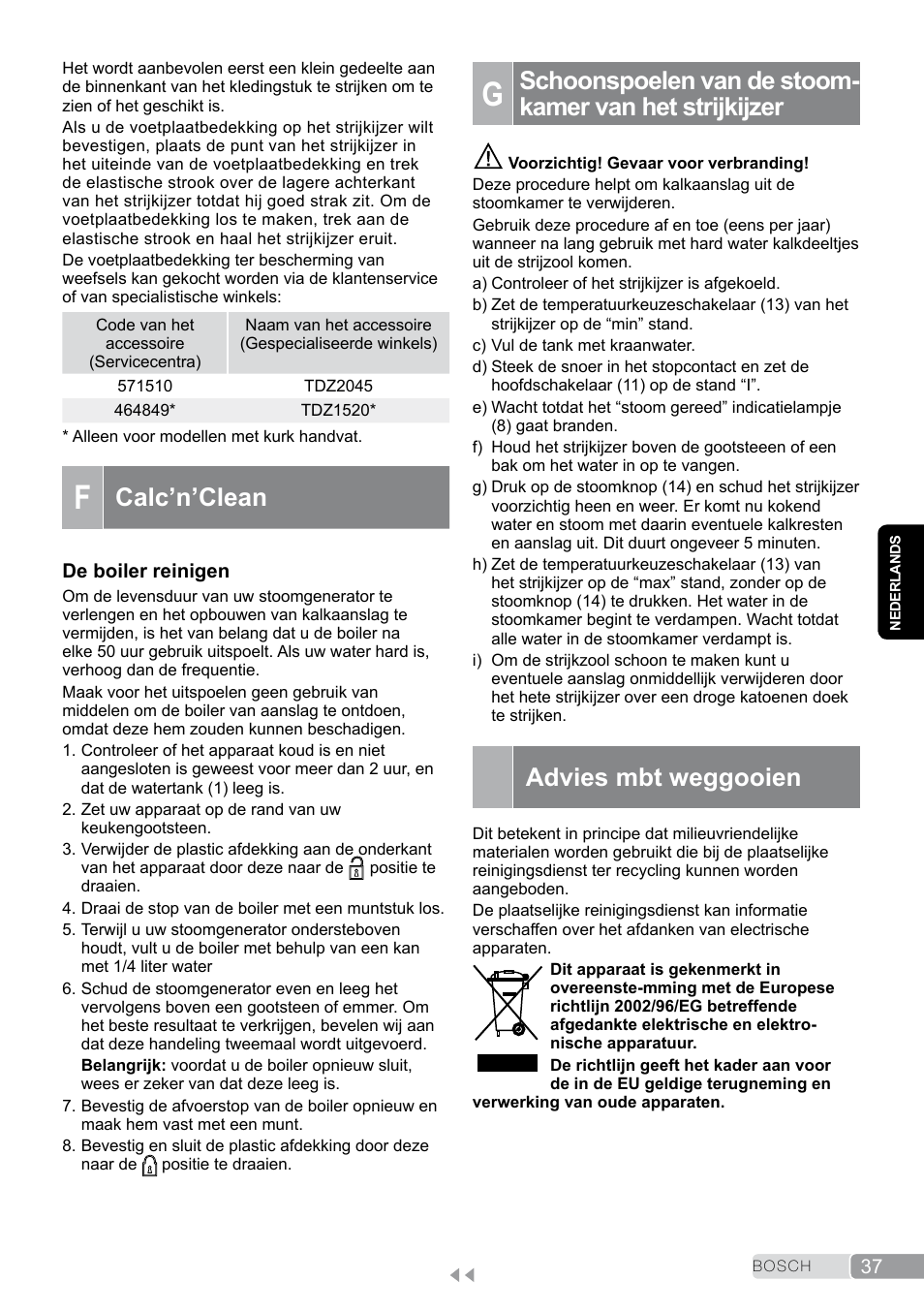 Advies mbt weggooien, Calc’n’clean | Bosch TDS2011 User Manual | Page 37 / 136