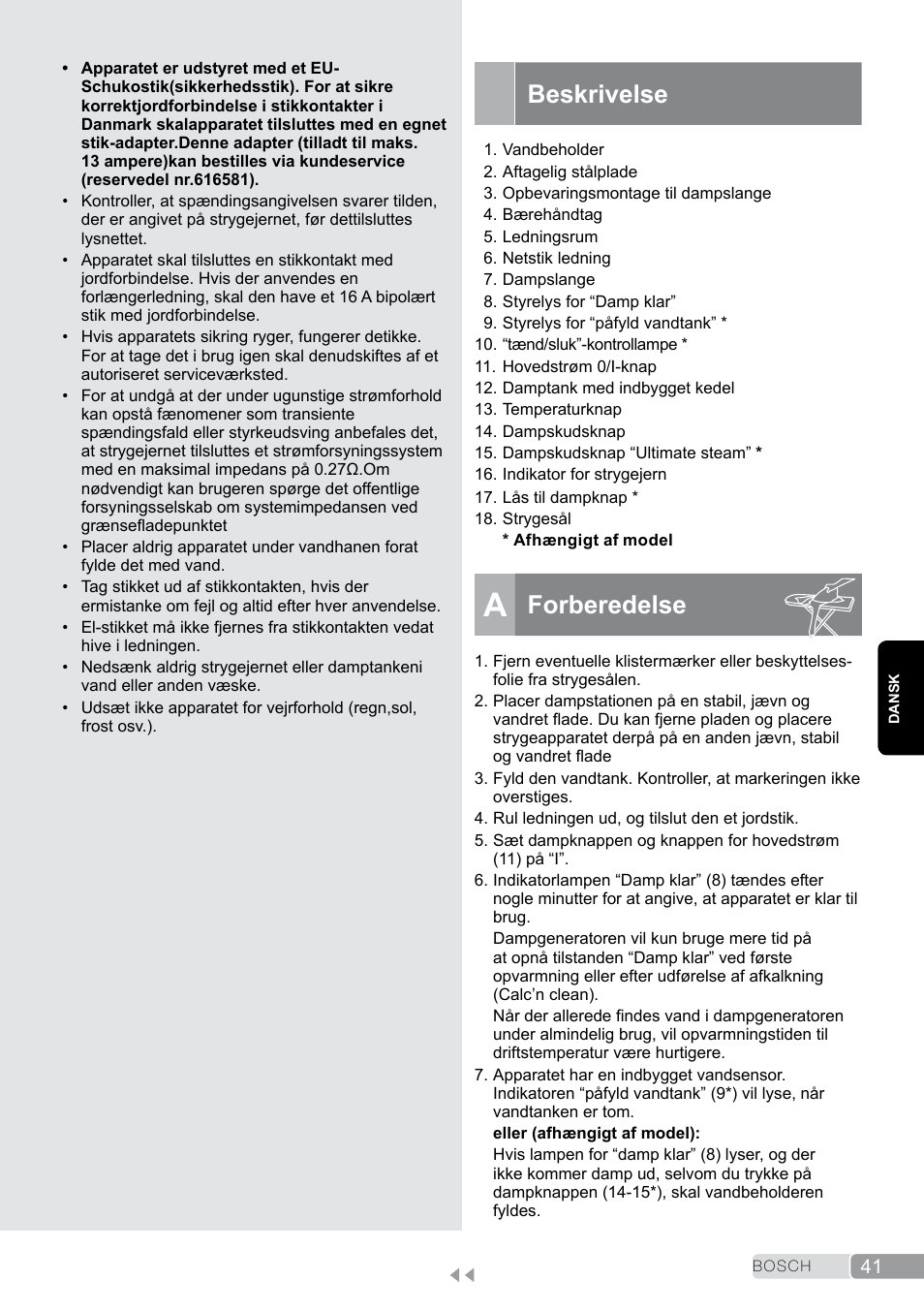 Beskrivelse, Forberedelse | Bosch TDS2011 User Manual | Page 41 / 136