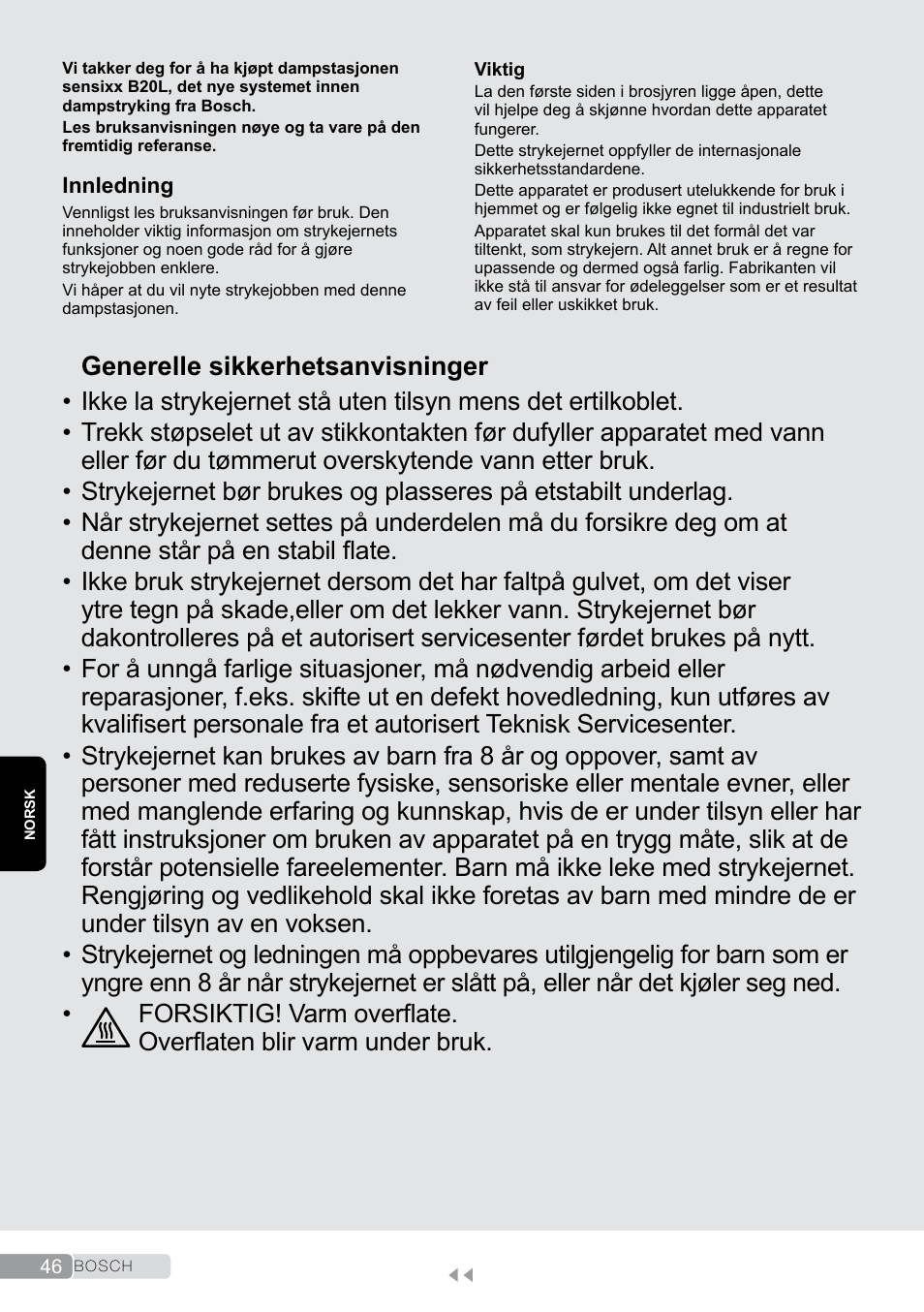 Norsk, Generelle sikkerhetsanvisninger | Bosch TDS2011 User Manual | Page 46 / 136