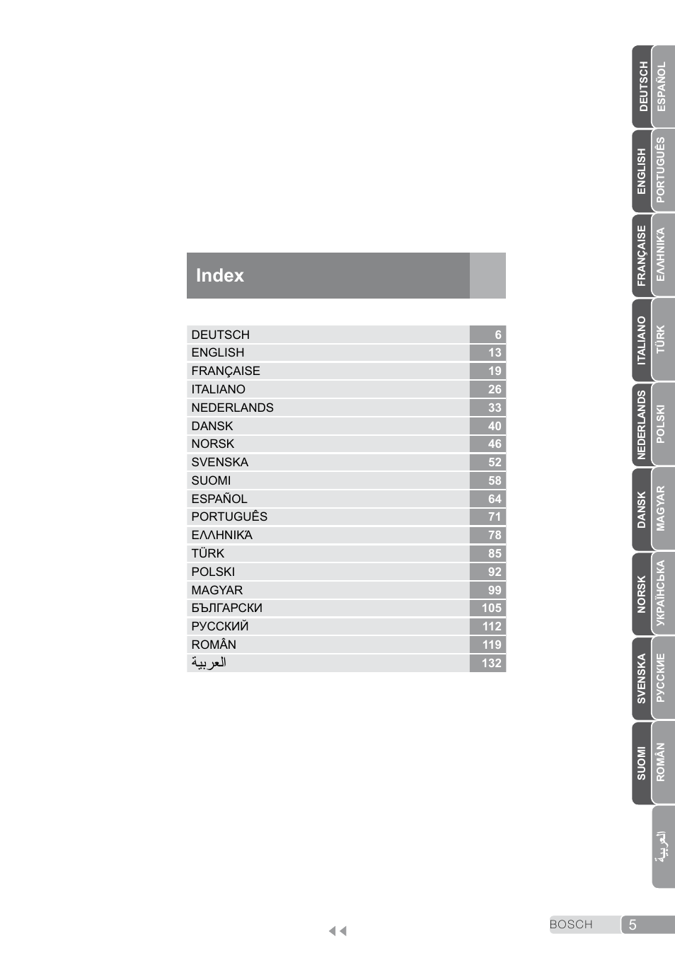 Index, ةيبرعلا, ةيب رع لا | Bosch TDS2011 User Manual | Page 5 / 136