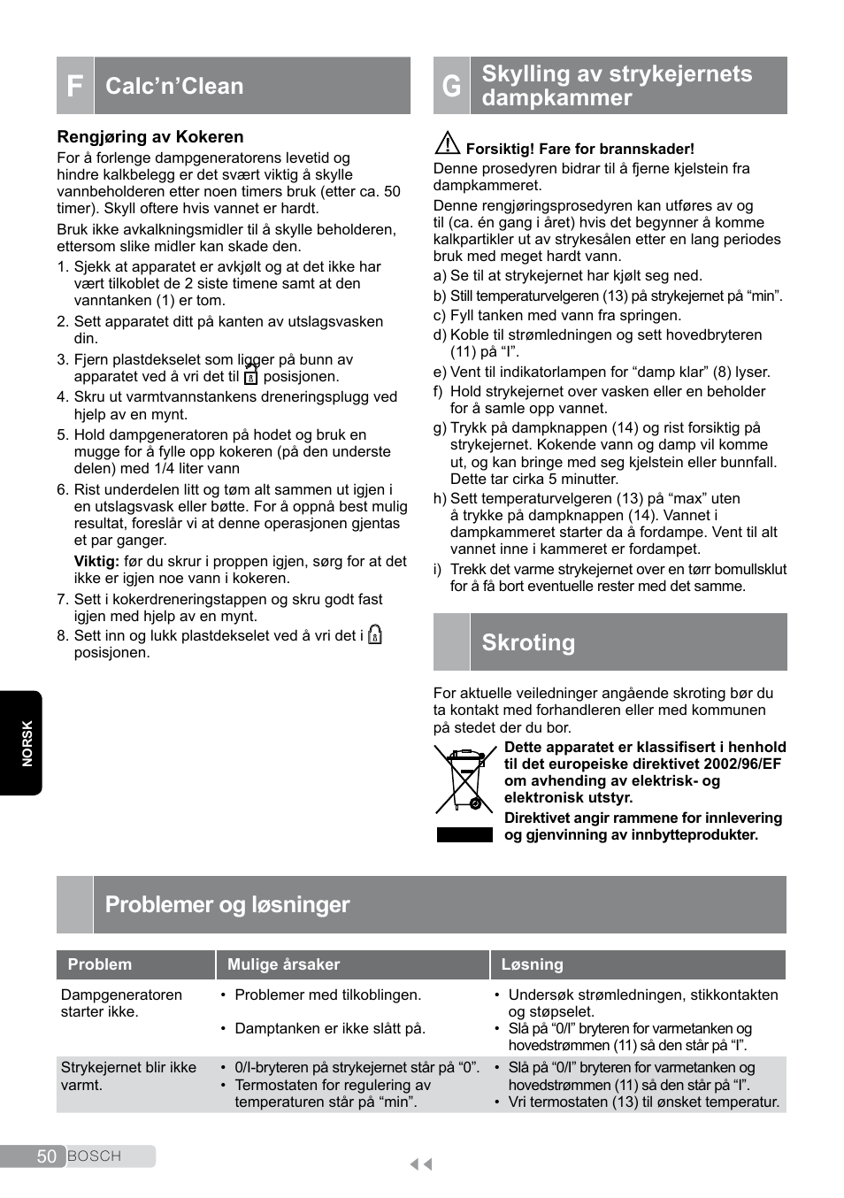 G skylling av strykejernets dampkammer, Skroting, Problemer og løsninger | Calc’n’clean, Skylling av strykejernets dampkammer | Bosch TDS2011 User Manual | Page 50 / 136