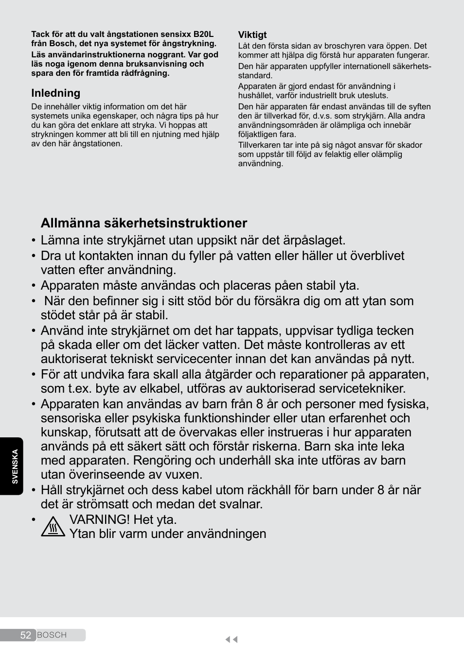 Svenska, Allmänna säkerhetsinstruktioner | Bosch TDS2011 User Manual | Page 52 / 136