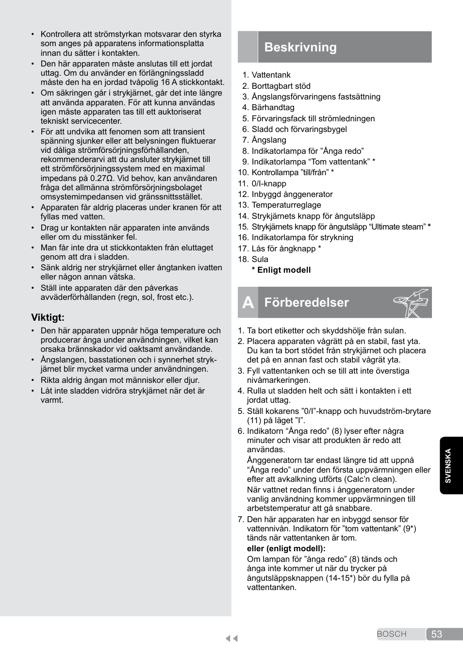 Beskrivning, A förberedelser, Förberedelser | Bosch TDS2011 User Manual | Page 53 / 136