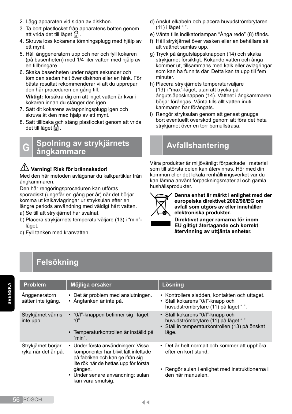 G spolning av strykjärnets ångkammare, Avfallshantering, Felsökning | Spolning av strykjärnets ångkammare | Bosch TDS2011 User Manual | Page 56 / 136
