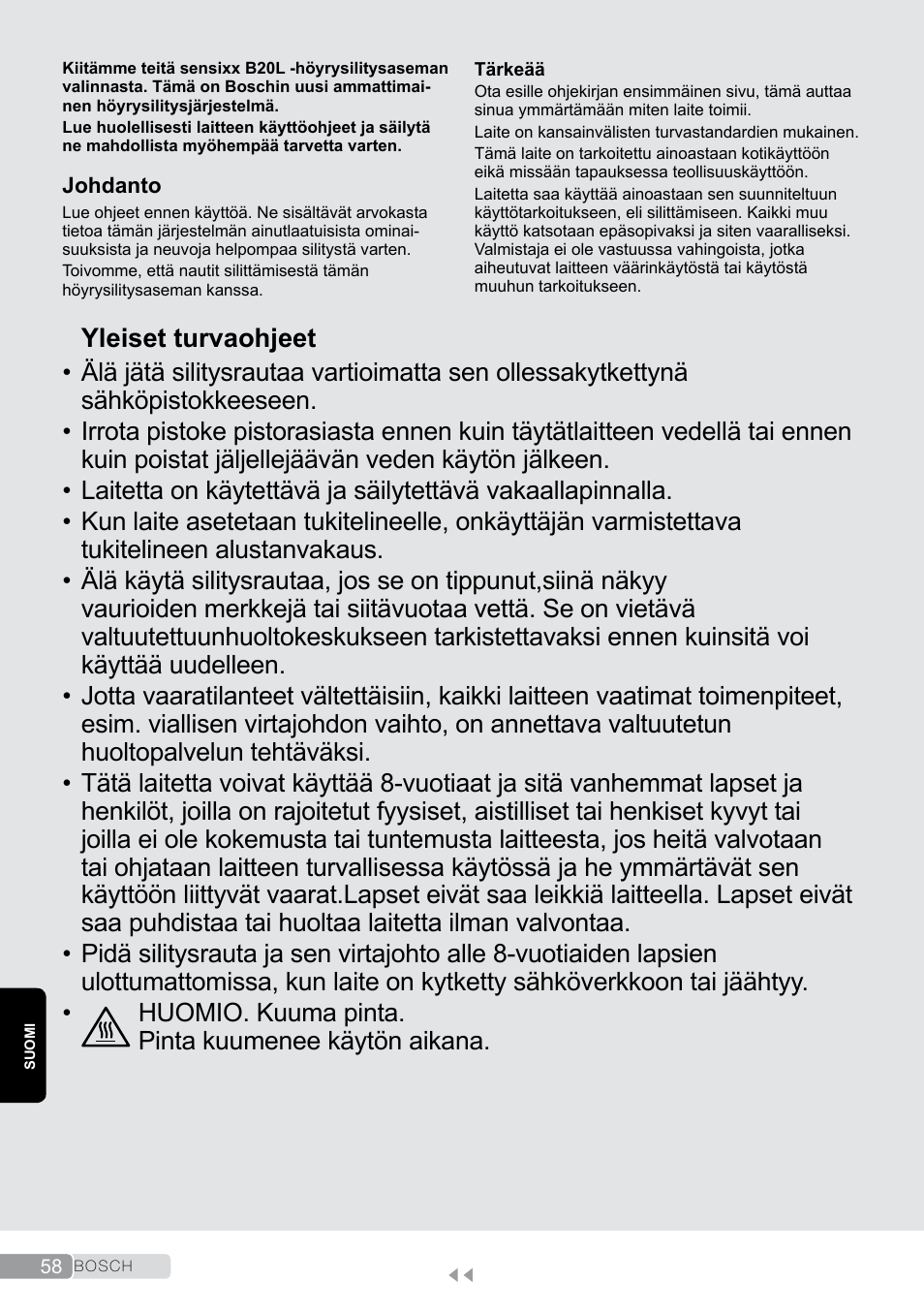 Suomi, Yleiset turvaohjeet | Bosch TDS2011 User Manual | Page 58 / 136