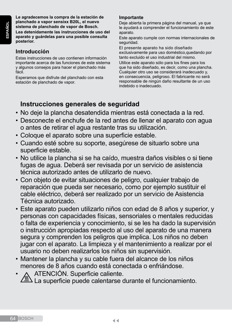 Español, Instrucciones generales de seguridad | Bosch TDS2011 User Manual | Page 64 / 136