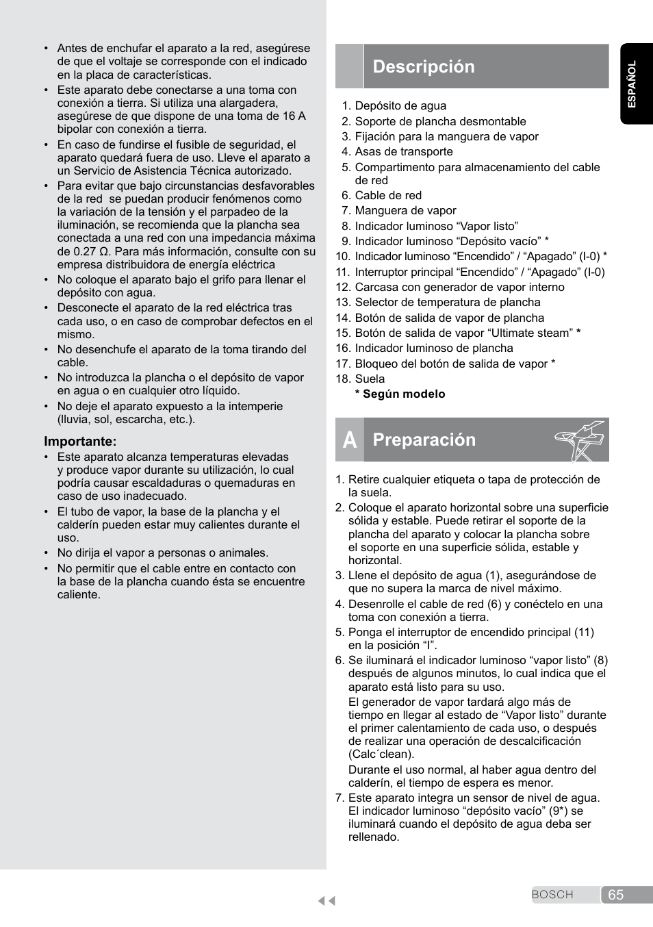 Descripción, A preparación, Preparación | Bosch TDS2011 User Manual | Page 65 / 136