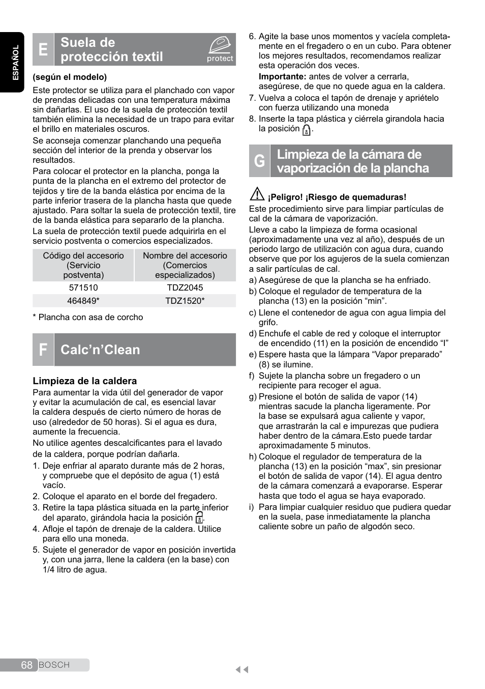 E suela de protección textil, Suela de protección textil, Calc’n’clean | Bosch TDS2011 User Manual | Page 68 / 136