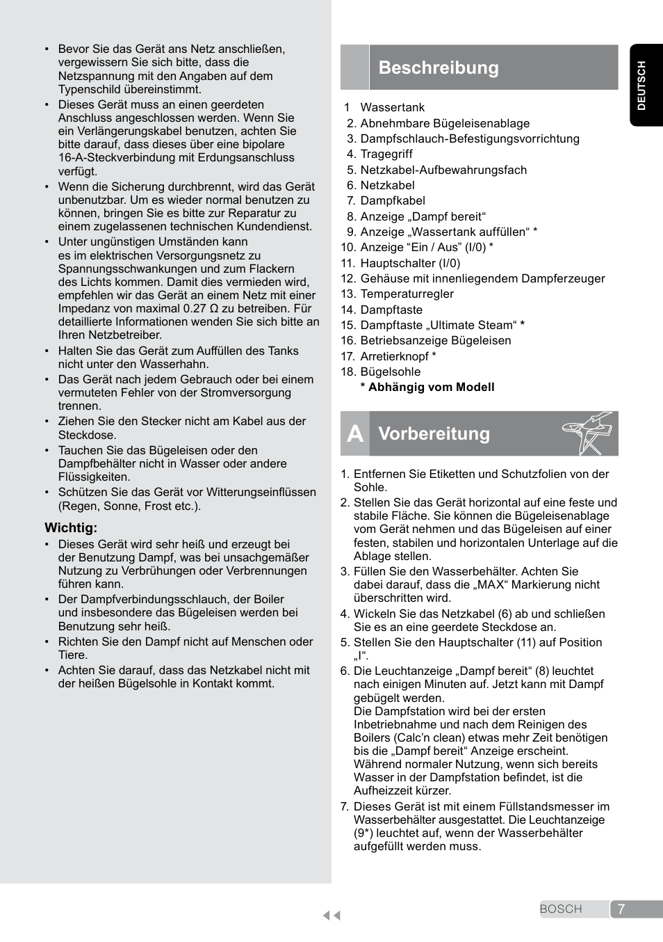 Beschreibung, A vorbereitung, Vorbereitung | Bosch TDS2011 User Manual | Page 7 / 136