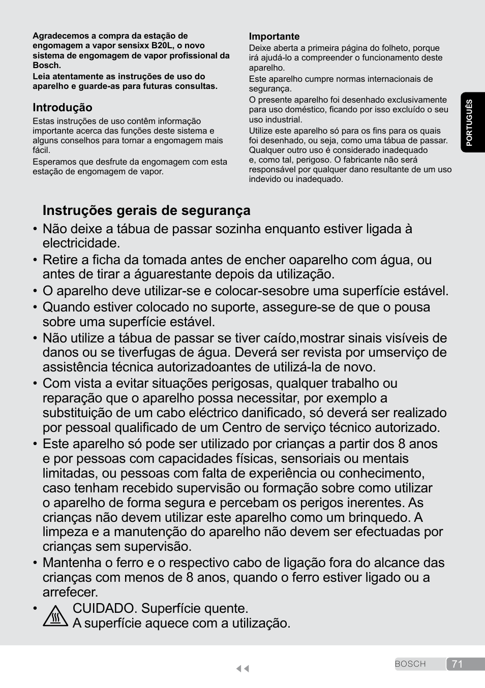 Português, Instruções gerais de segurança | Bosch TDS2011 User Manual | Page 71 / 136