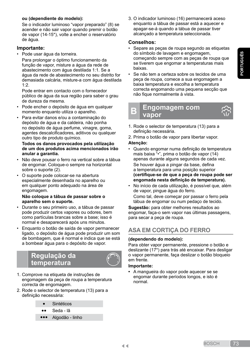 Regulação da temperatura, B engomagem com vapor, Engomagem com vapor | Asa em cortiça do ferro | Bosch TDS2011 User Manual | Page 73 / 136