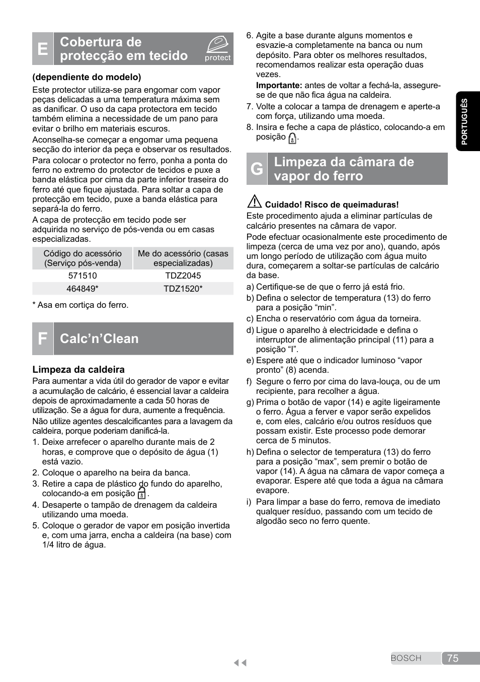 E cobertura de protecção em tecido, G limpeza da câmara de vapor do ferro, Cobertura de protecção em tecido | Calc’n’clean, Limpeza da câmara de vapor do ferro | Bosch TDS2011 User Manual | Page 75 / 136