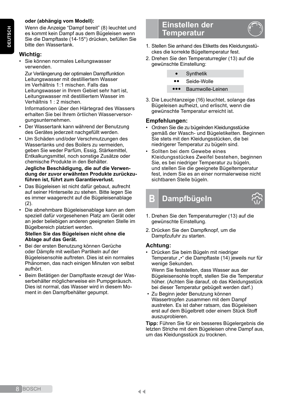 Einstellen der temperatur, B dampfbügeln, Dampfbügeln | Bosch TDS2011 User Manual | Page 8 / 136