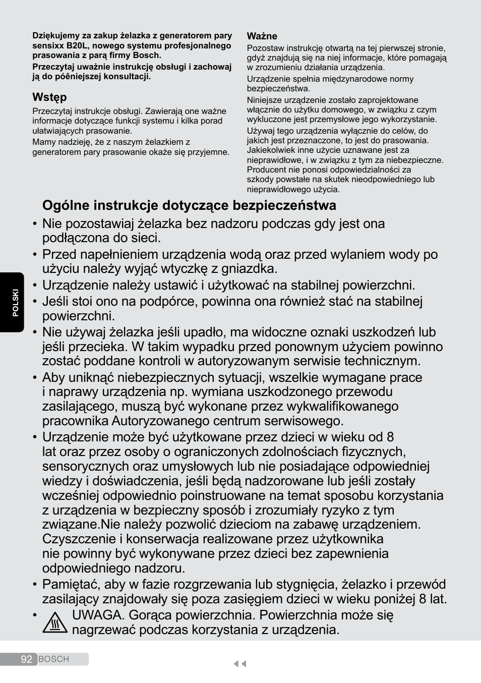Polski, Ogólne instrukcje dotyczące bezpieczeństwa | Bosch TDS2011 User Manual | Page 92 / 136