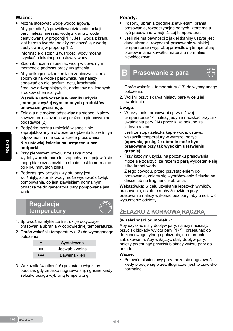 Regulacja temperatury, B prasowanie z parą, Prasowanie z parą | Żelazko z korkową rączką | Bosch TDS2011 User Manual | Page 94 / 136