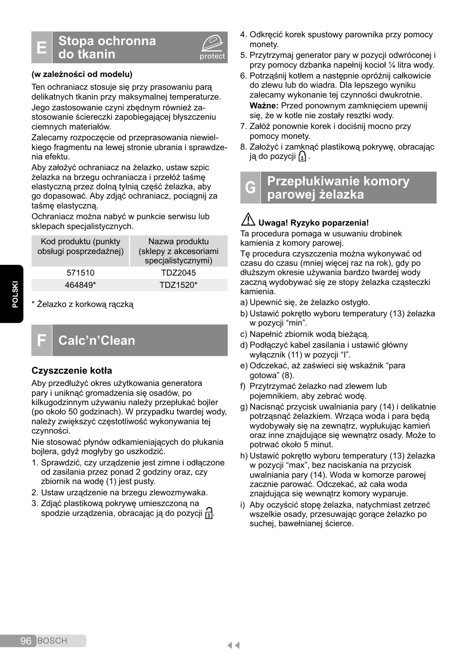 E stopa ochronna do tkanin, G przepłukiwanie komory parowej żelazka, Stopa ochronna do tkanin | Calc’n’clean, Przepłukiwanie komory parowej żelazka | Bosch TDS2011 User Manual | Page 96 / 136