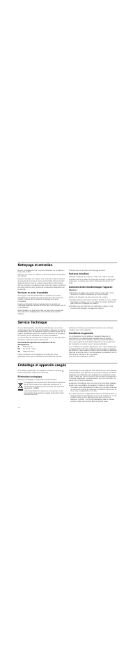 Nettoyage et entretien, Surfaces en acier inoxydable, Surfaces émaillées | Comment éviter d'endommager l'appareil, Attention, Service technique, Conditions de garantie, Emballage et appareils usagés, Elimination écologique | Bosch PCX345E - Acier inox Table vitrocéramique électrique User Manual | Page 10 / 23