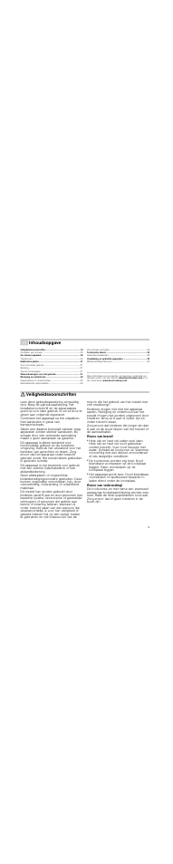 É inhoudsopgave[nl] gebruiksaanwijzing, Veiligheidsvoorschriften, Risico van brand | Risico van verbranding, Inhoudsopgave | Bosch PCX345E - Acier inox Table vitrocéramique électrique User Manual | Page 19 / 23